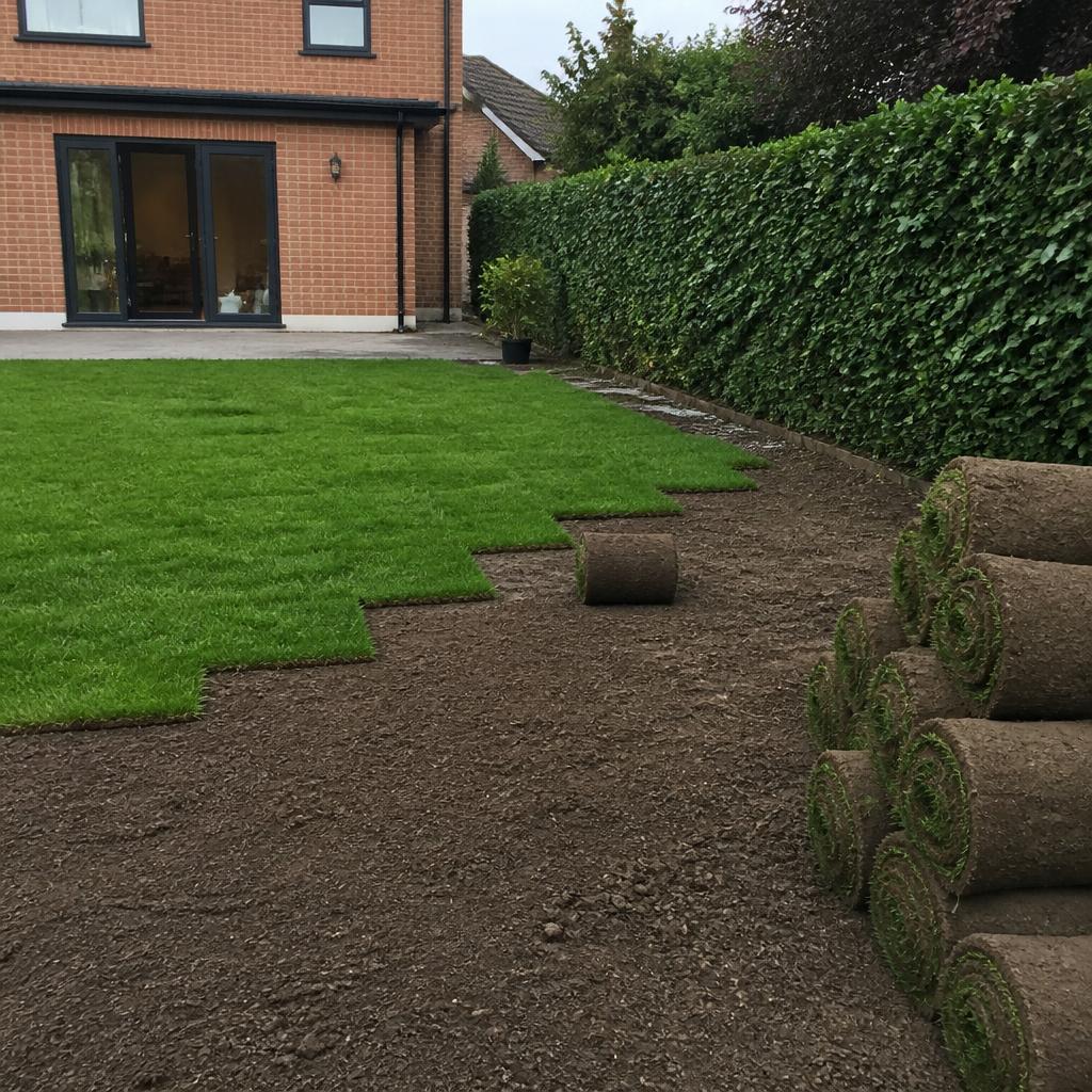 Rollengazon wordt gelegd op voorbereide tuingrond